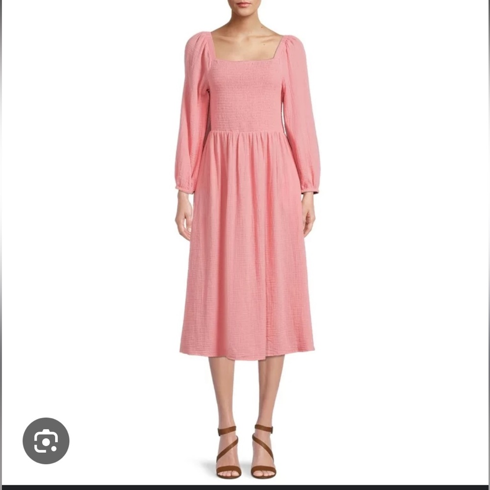Beachlunchlounge Dress Cool Cotton Gauze MIDI Smocked Top Pockets Pink Size XL